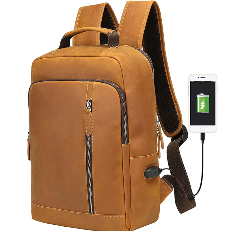 Brown Backpack with USB Charging Port